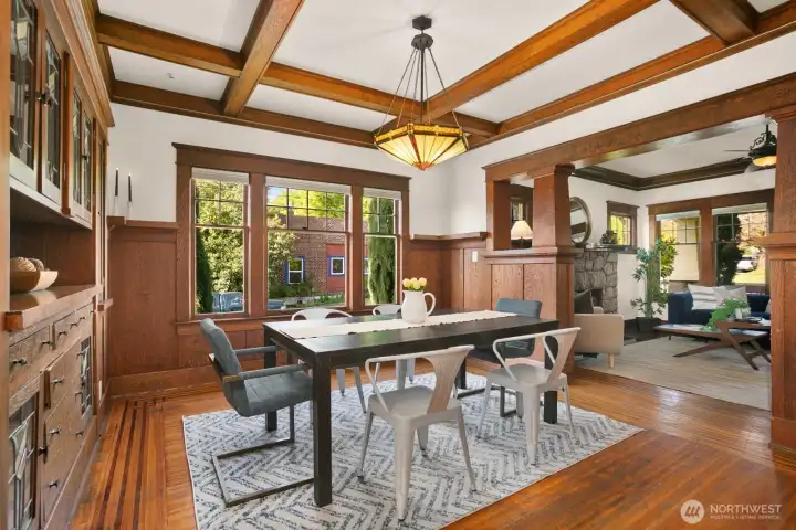 Fine details such a the built-ins and the box beam ceilings.