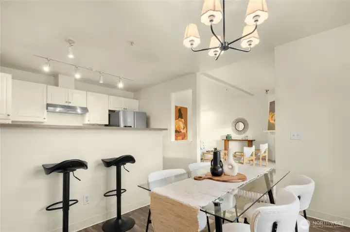 Breakfast bar off the galley- style kitchen.