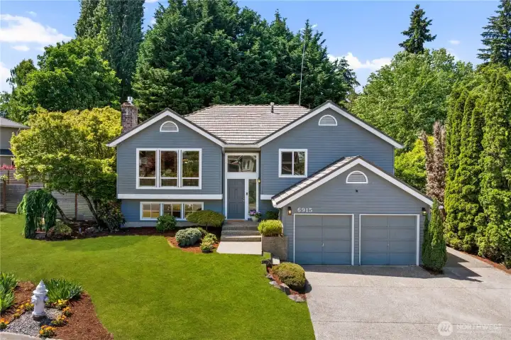Classic split level home with attached two car garage, framed by mature evergreens and beautifully landscaped front yard with lush lawn and seasonal plantings.
