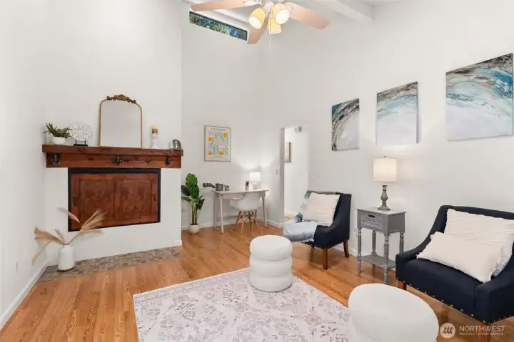 Secondary living space with wood burning fire place with cover