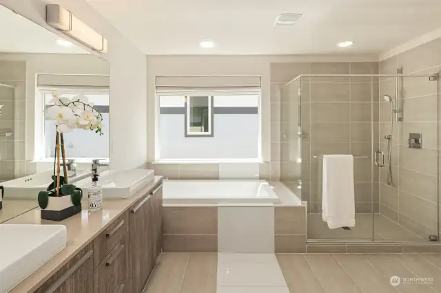 Large primary bath with soaking tub, oversized shower, quartz countertops.