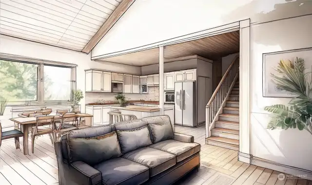 Artists rendering of the main level living area, finishes may vary. Primary suite is on the main floor, two bedrooms and a full bath on the upper level.