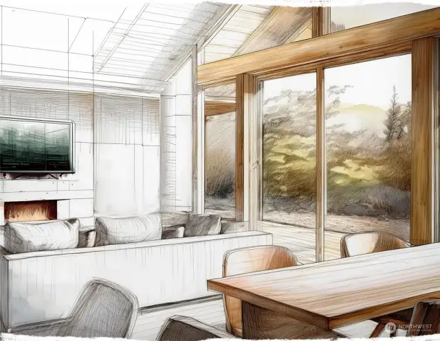 Interior rendering showing large windows and entertaining patio off dining/living room. This is an artist's rendering only and may not accurately represent the finishes and options.
