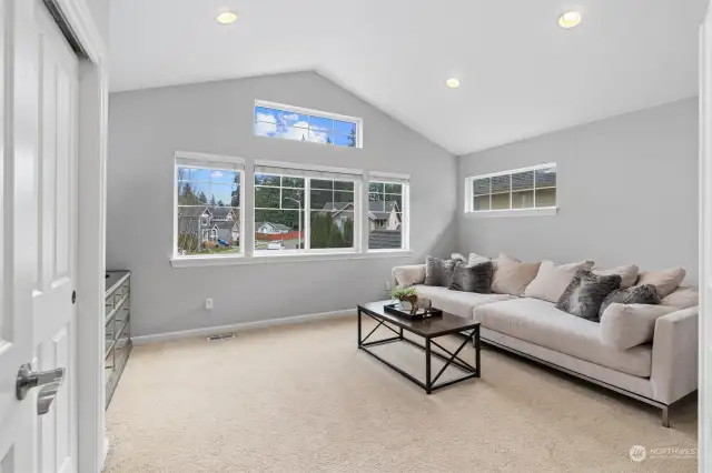 The combination of French doors & vaulted ceilings elevates this flex room, offering you the perfect canvas to customize the space to suit your lifestyle & create your ideal living space.