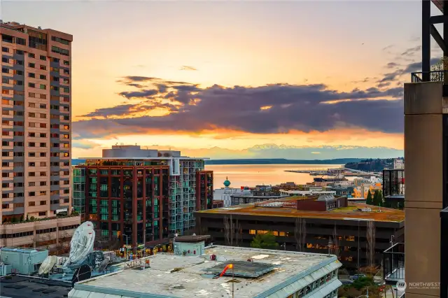 Northwest view of the Olympic Mountains, Elliott Bay and Puget Sound. Watch the dynamic view change with the seasons.