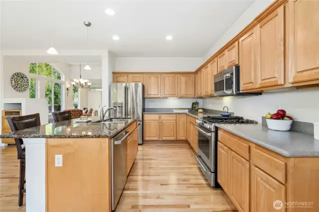 There are panty cabinets and gas cooking.