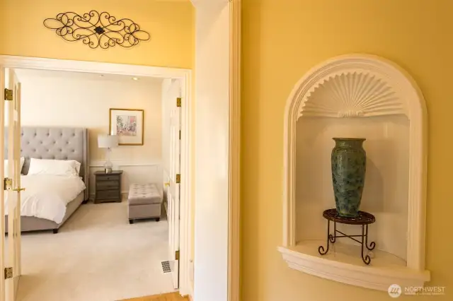 Very artistic niches throughout to display artwork or family heirlooms. This one is just outside the main bedroom