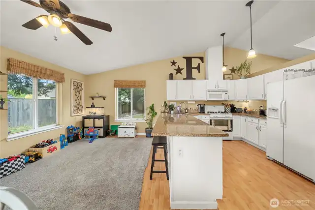 This open kitchen spills into the family room.