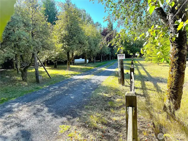 First gate to property, this driveway is to the back with the barns and the kennel / DADU entrance