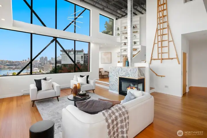 Custom ladder hangs on the wall - designed to easily access ceiling.