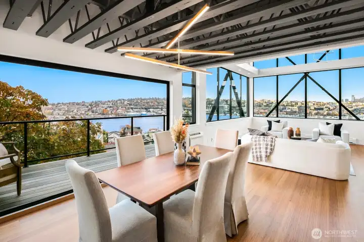 Dining room has a fully retractable door that opens onto a viewing deck. Great place to have morning coffee!