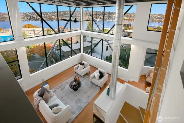 View into living room from mezzanine