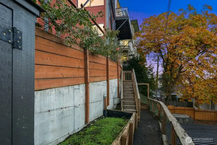 South facing side yard has garden bed, second storage shed, and small orchard of apple and cherry trees.