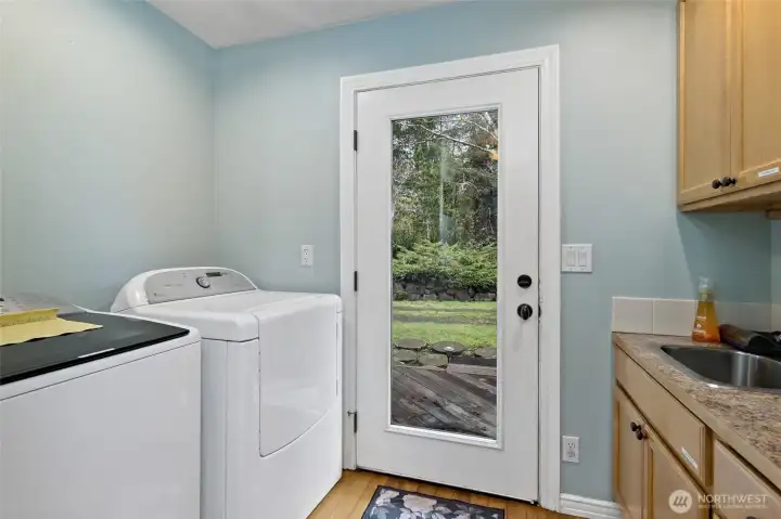 Laundry room with access to back deck.