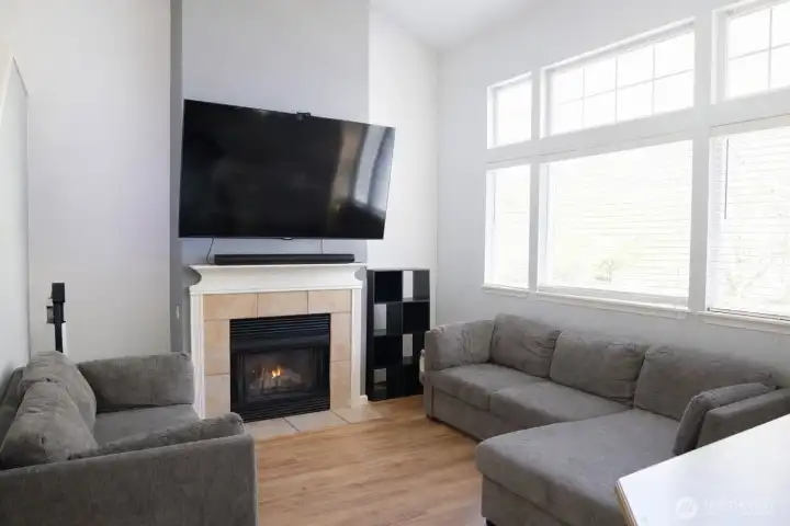Vaulted ceilings, fireplace, and large windows