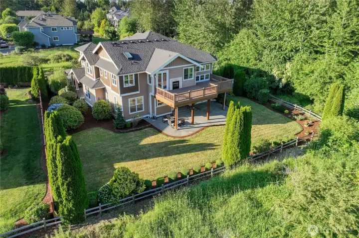 Stunning aerial view showcasing the expansive, manicured backyard, highlighting the generous, level lawn and the incredible privacy provided by the surrounding mature trees.