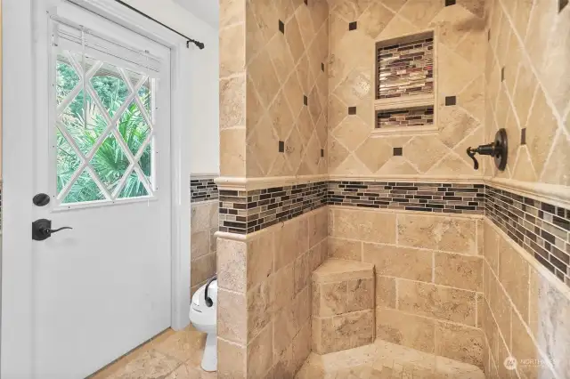 Hop in the shower to rinse off after a swim or relaxing in the hot tub.