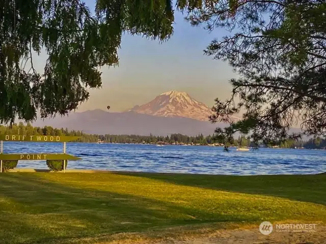 Mount Rainier view from Driftwood Point Park.