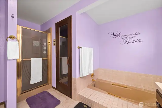 Main House: Primary Bedroom en suite offers a sunken soaker tub, walk in shower, dual sinks and a sauna!