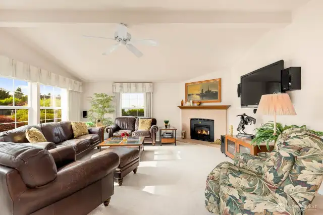A ceiling fan for the summer & fireplace to keep cozy in the winter...