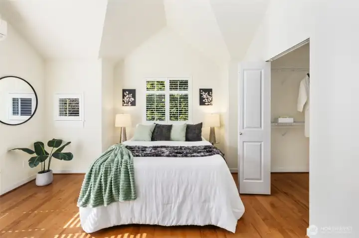 You will fall in love with this upper level primary suite. From its vaulted ceilings, walk in closet, full bath with separate tub and shower, to its Juliet balcony and own mini-split, plus ONE more surprise, this primary has it ALL.