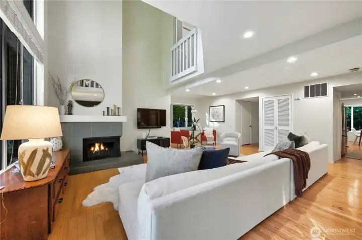 This wood-burning fireplace will cozy up any drizzly PNW afternoon. The wood-storage container on the left is built-in; keep it stocked and you'll be set all winter long.