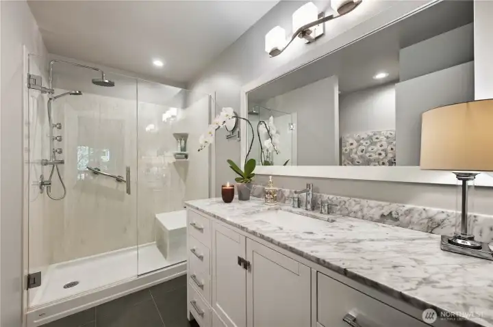 Remodeled primary bath with slate foors with radiant heating!