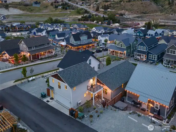 Aerial twilight view of home with Carriage House looking NE.