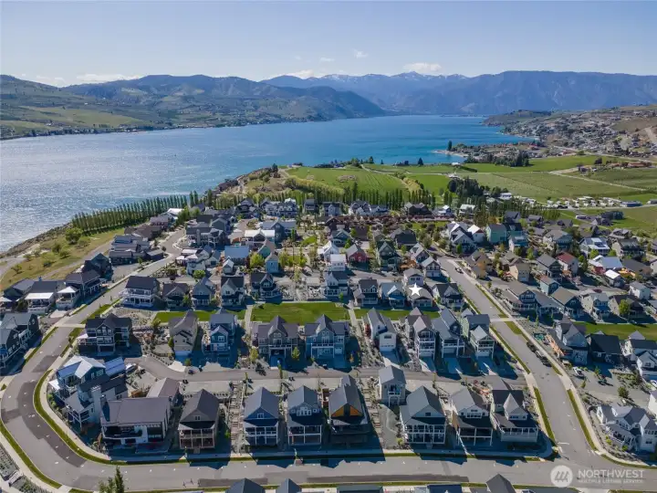 Exterior daytime aerial view looking West towards Lake Chelan.