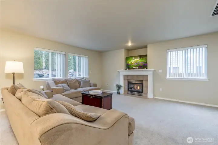 Family room features a cozy gas fireplace and large windows overlooking the back and side yards