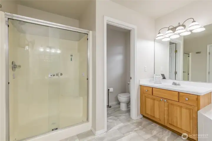 Large step-in shower and separate toilet room