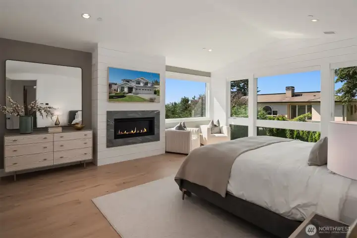 Spa-inspired primary suite with fireplace. Spa-inspired primary suite with fireplace.