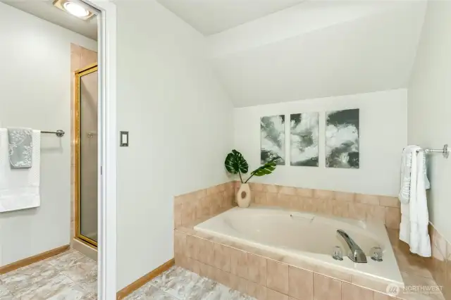 Soaking tub and separate shower.