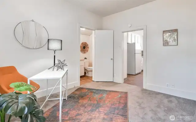 Bonus office or craft space with a secret little closet tucked under the stairs—storage magic!