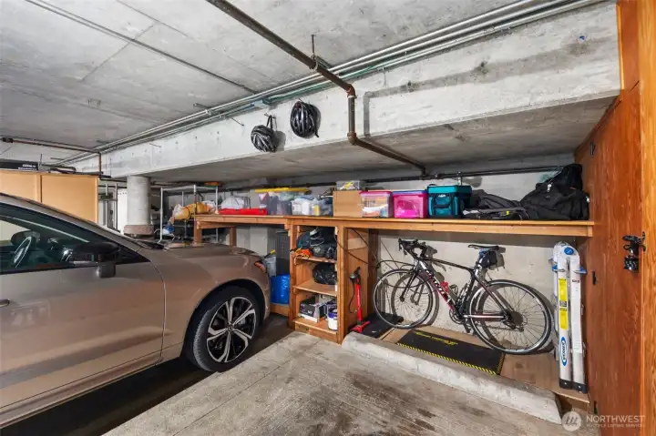 2 side by side parking spaces with storage!