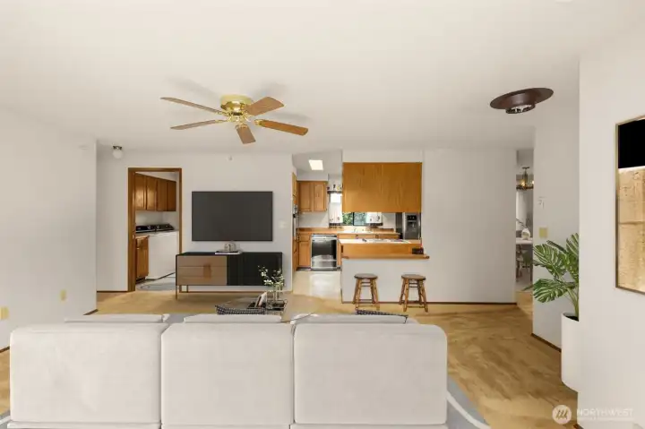 Virtually staged. Great room view from sliding glass doors.