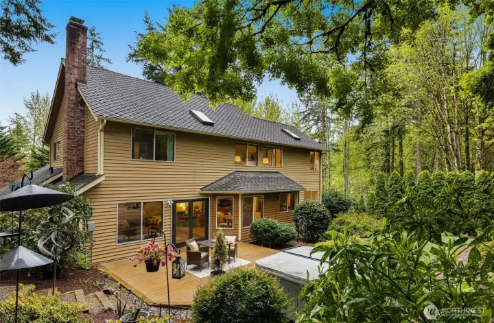 Enchanted garden with deck, trails, flat area,  lighting, dog run, trails and fire pit