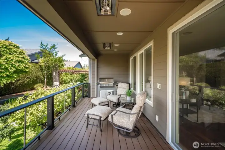 The Azek deck creates an extension of the home and offers an amazing spot to sit and enjoy your own private oasis. Complete with a in-ceiling heaters & speakers, a gas BBQ, fridge & hot plate.