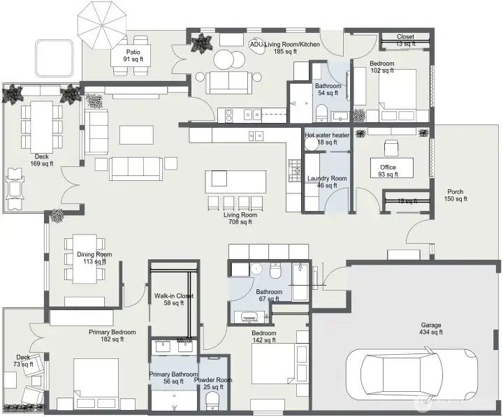 Potential single level floor plan including ADU.