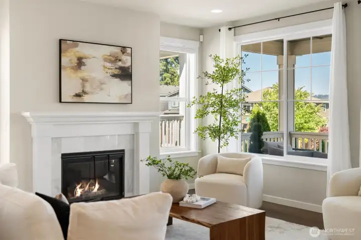 An elegant gas fireplace brings warmth and texture to the light-filled main level.