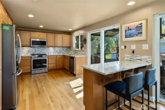 Kitchen w/eating island area, hardwood floors, quartz countertops, tile backsplash, another slider door leading out to the back deck, new paint and all new appliances!