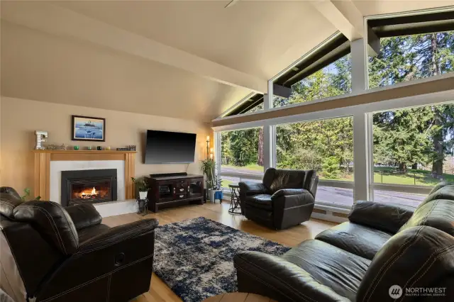 Living room w/gas fireplace, hardwood floors and new blinds up or down style.