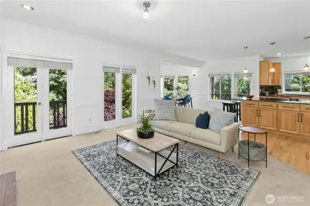 Family room off kitchen opens to back deck and park-llike view.