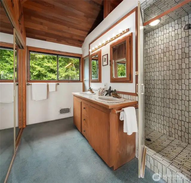 Primary en suite with tiled showed, counter top and separate space for w/c. Lots of closets on the left in photo.