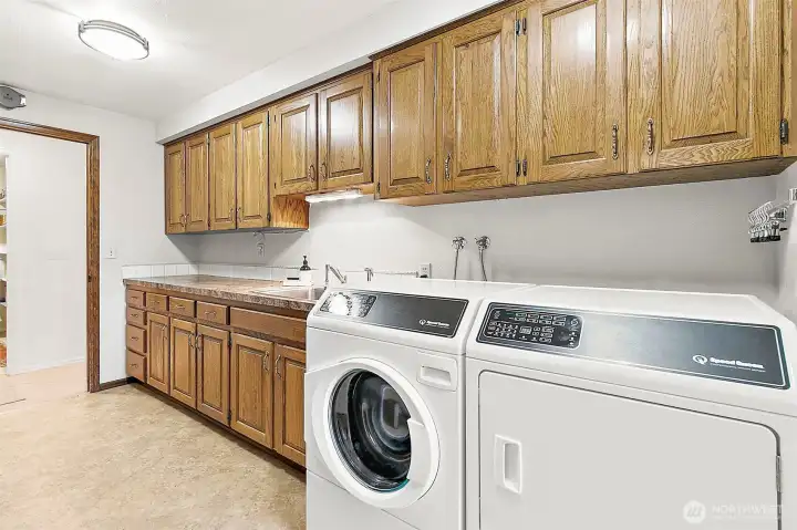 Your laundry room will be the envy of family and friends. Huge main level laundry room adjacent to the pantry features a sink, folding areas, and abundant cabinetry for organized storage and newer (2022) Speed Queen washer and dryer which stay with the home sale