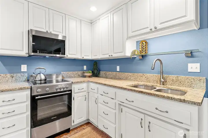 Full equipped lower level kitchen with stainless steel appliances double sinks and durable laminate flooring.
