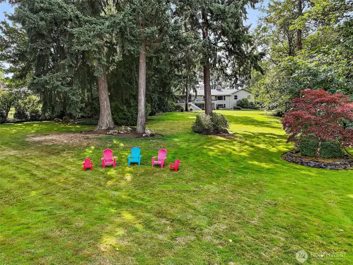 Expansive, park-like backyard with towering evergreens and open grassy areas, perfect for play, gatherings, or simply relaxing in the fresh air. This incredible lot offers both beauty and function, creating a private retreat right at home.