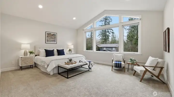 Upstairs primary suite with vaulted ceilings and generous windows sporting territorial views