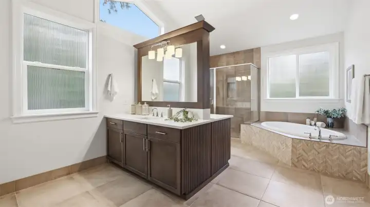 Dual vanities are situated for true two person use.