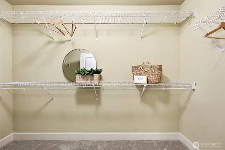 Primary bedroom walk-in closet access through en-suite bathroom with carpeted flooring.